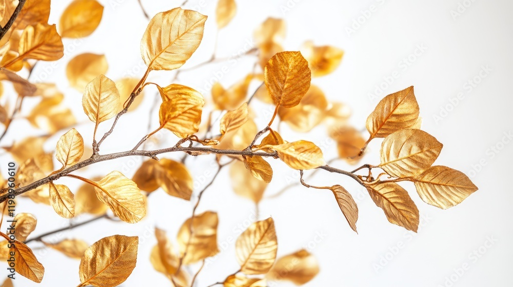 Aufkleber Golden Autumn Leaves and Branches Isolated on White Background with Copy Space for Text in a Soft Warm Color Palette