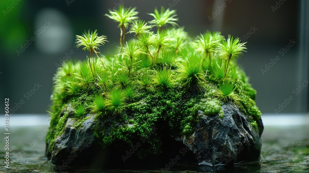 Poster lush green moss growing on a textured wet rock in natural setting with selective focus and ample emp