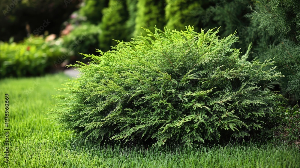 Poster lush green cedar shrub surrounded by vivid grass in a serene garden setting with ample empty space f