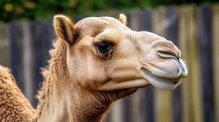 Obraz premium Close-up portrait of a dromedary camel in a vibrant sandy desert setting with soft bokeh background, ideal for travel and wildlife concepts.