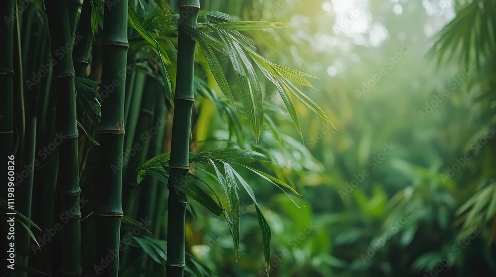 Poster close up of vibrant green bamboo stalks surrounded by lush foliage in a misty forest with ample nega