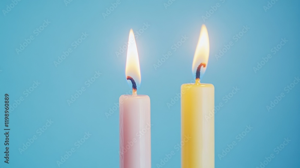 Poster close up of a pink and yellow candle being lit from each other against a soft blue background with a
