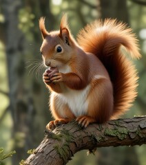 Obraz premium A red squirrel perches on a thin limb eating a single nut in the woods, red squirrel, small mammal, bushy tail