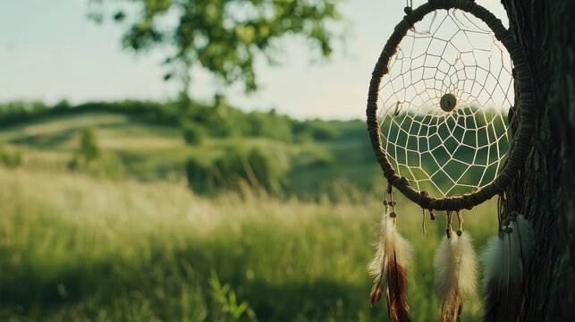Dream catcher close up with feathers hanging on a tree in a blurred green summer landscape with soft light and empty space for text