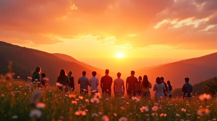 Fototapeta premium Group Enjoying Serene Sunset over Vibrant Flower Field and Mountain Landscape