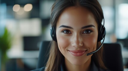 Friendly female customer service representative with headset smiling in bright modern office setting featuring soft natural light and empty space for text