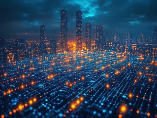 Cityscape at night with digital network overlay