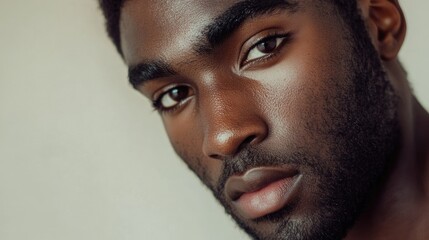 Obraz premium Close-up portrait of a young African American man with short dark hair, smooth skin, and expressive eyes on neutral background with Copy Space.