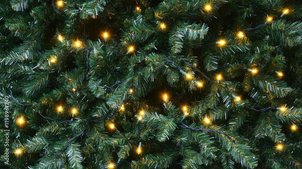 Poster detailed view of lush green christmas tree branches illuminated by warm fairy lights creating a cozy