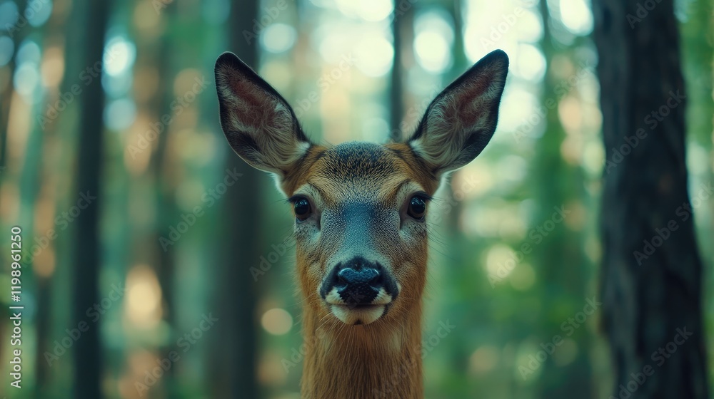 Poster Close up portrait of a roe deer in a green blurred forest background showcasing natural habitat with ample soft focus space for text
