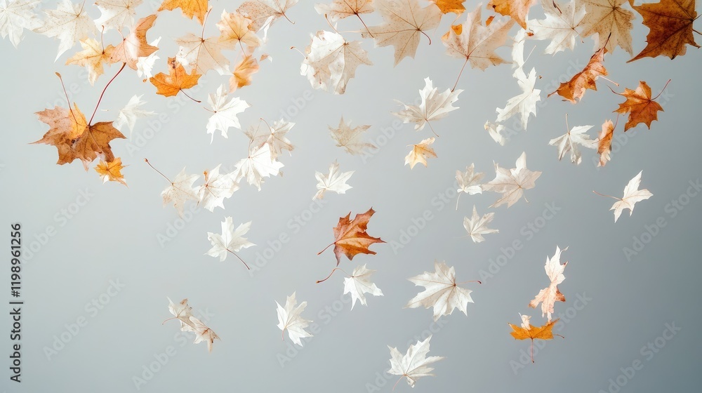 Poster falling autumn leaves on a light gray background with copy space for text and design elements.