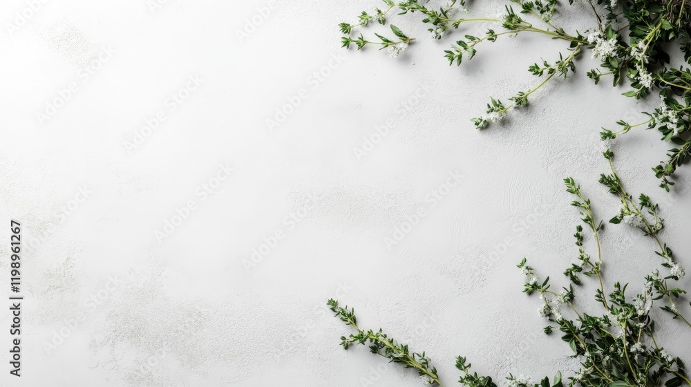 Poster close-up of fresh green thyme sprigs on a light gray background with ample copy space for text and c