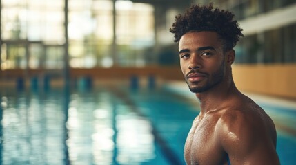 Young male swimmer posing confidently by a swimming pool with water reflections and natural light Copy Space