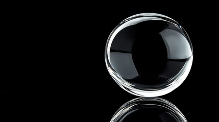 Clear glass sphere positioned on a reflective surface against a solid black backdrop, with ample negative space for overlay text.