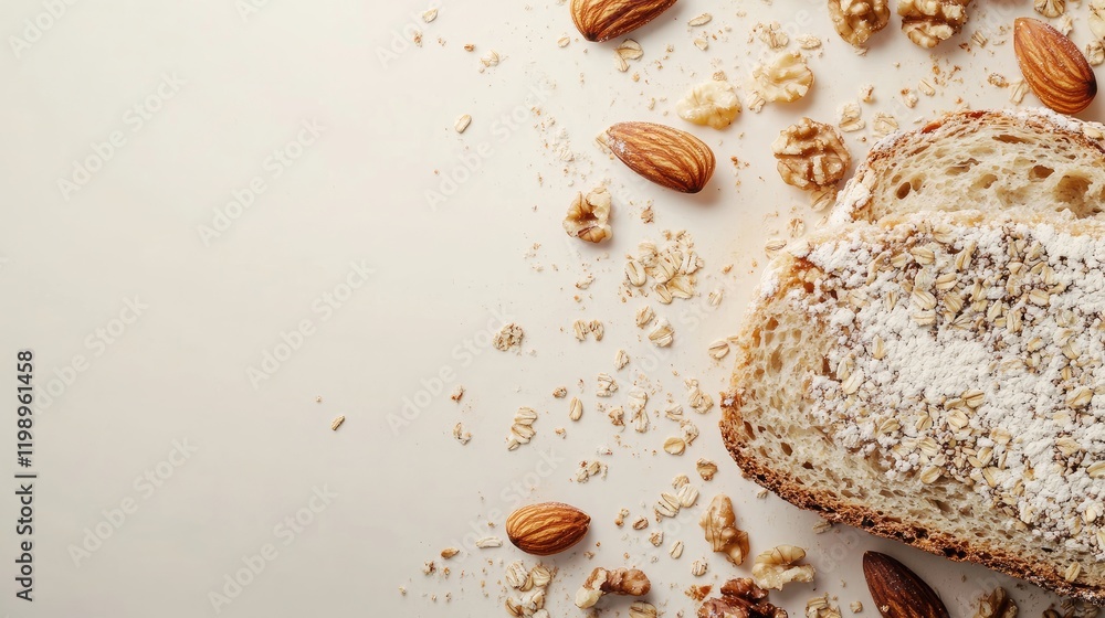 Poster close up of fresh gluten free bread slice topped with nuts and seeds on light beige background with 