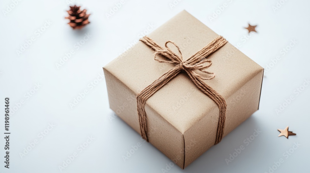 Aufkleber Elegant brown package box tied with rustic twine on a soft white background surrounded by festive pine cones and golden stars for holiday design.