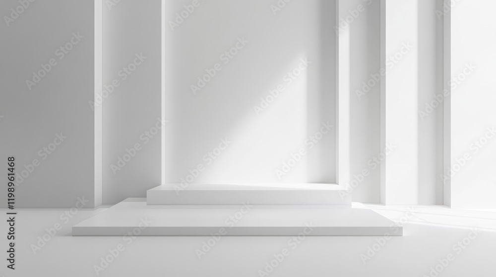 Poster minimalist white interior with geometric shapes and soft shadows featuring clear copy space for text