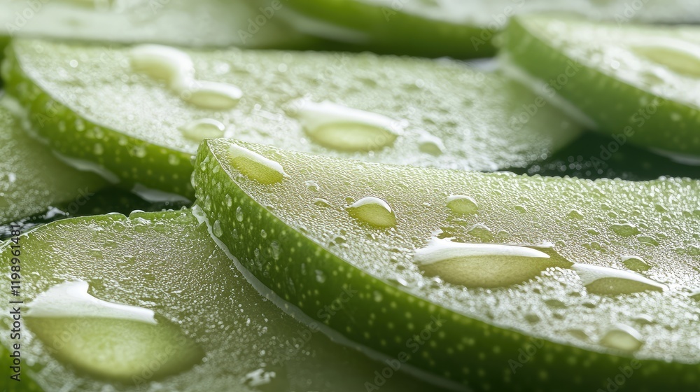 Poster Close up of fresh green apple slices with water droplets on a dark background emphasizing healthy snack options with empty space for text