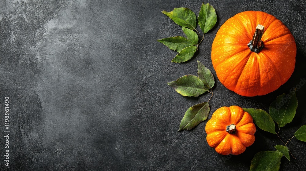 Aufkleber close-up of halloween pumpkins with green leaves on dark textured background, featuring unique shape