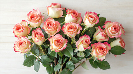 Obraz premium Flowers background,Love concept, valentine day, Bouquet of beautiful pink roses on white wooden background,Top view, Generative ai