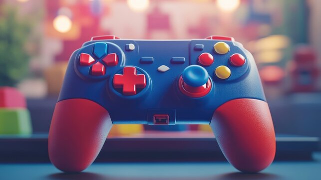 Close-up of colorful game controller with red and blue joysticks in vibrant gaming atmosphere blurred background with empty space for text - Powered by Adobe