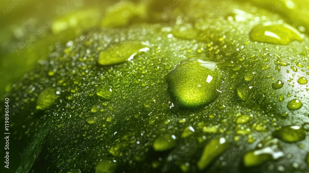 Poster close up of vibrant green pepper with water droplets on smooth surface and blurred background for te