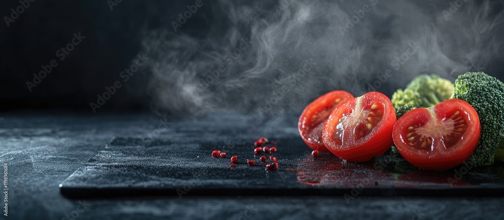Poster charred broccoli and bright red tomato slices artistically arranged on a dark slate surface with smo