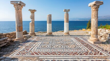 Obraz premium Vibrant close-up of an ancient tiled mosaic featuring intricate patterns with five weathered pillars overlooking a serene blue sea and distant hills.