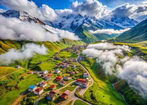 Aerial View of Gomis Mta, Georgia - Mountain Village, Clouds, Snow