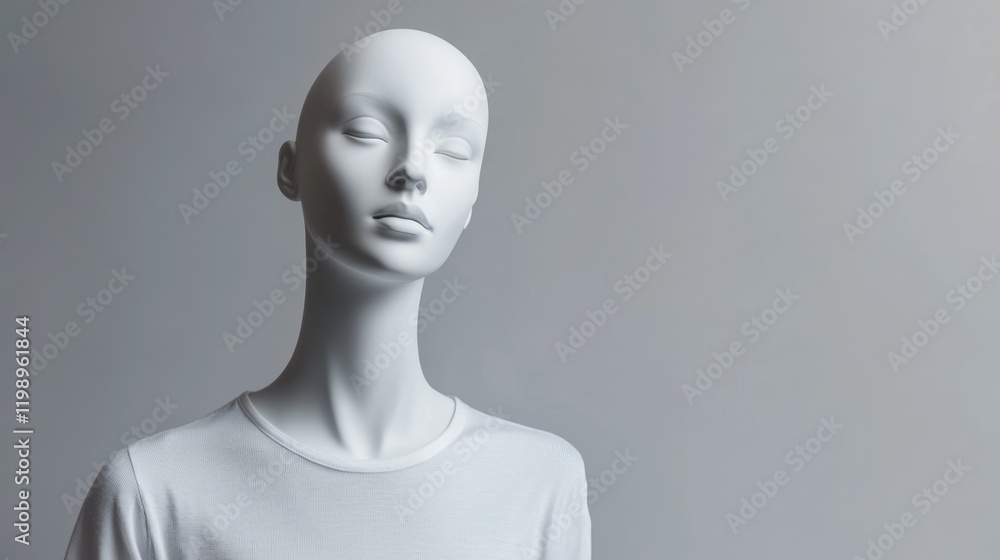 Poster white mannequin with a smooth finish posing against a neutral gray background with ample copy space 