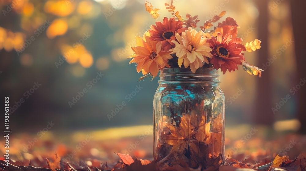 Poster jar filled with autumn flowers placed on fallen leaves with soft sunlight filtering through trees co