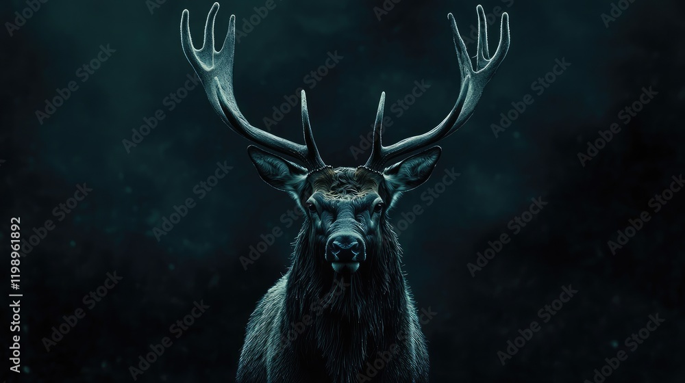 Poster majestic close-up of a large male elk with impressive antlers against a dark, moody background, feat