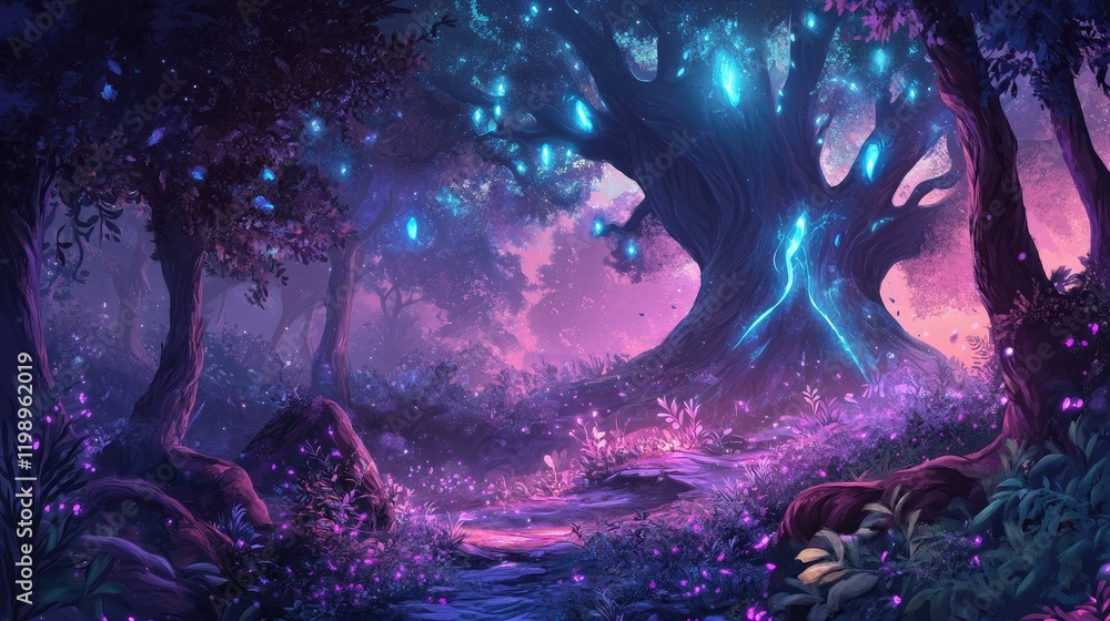Poster enchanted forest scene with glowing tree and illuminated flora in twilight setting with copy space f