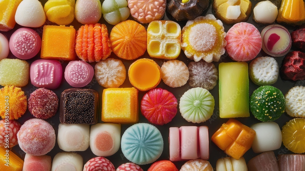 Poster colorful assortment of various traditional candies and sweets in different shapes and sizes with cop