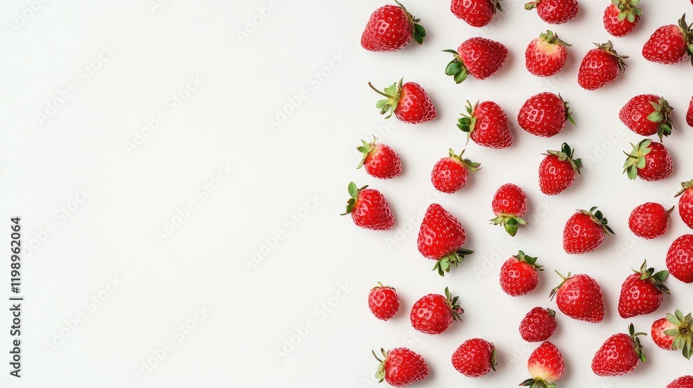 Poster vibrant arrangement of fresh red strawberries on a light textured white background with ample negati
