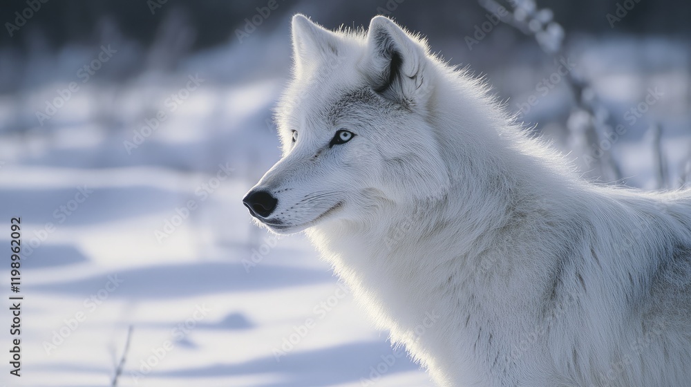 Poster elegant close-up profile of a majestic gray wolf with fluffy white fur in a serene snowy wilderness 