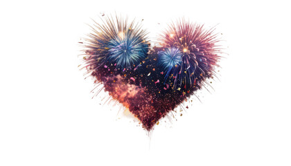A spectacular scene of heart-shaped fireworks exploding in the night sky, accompanied by shimmering confetti falling gently to the ground, creating a magical atmosphere, on a white transparent backgro