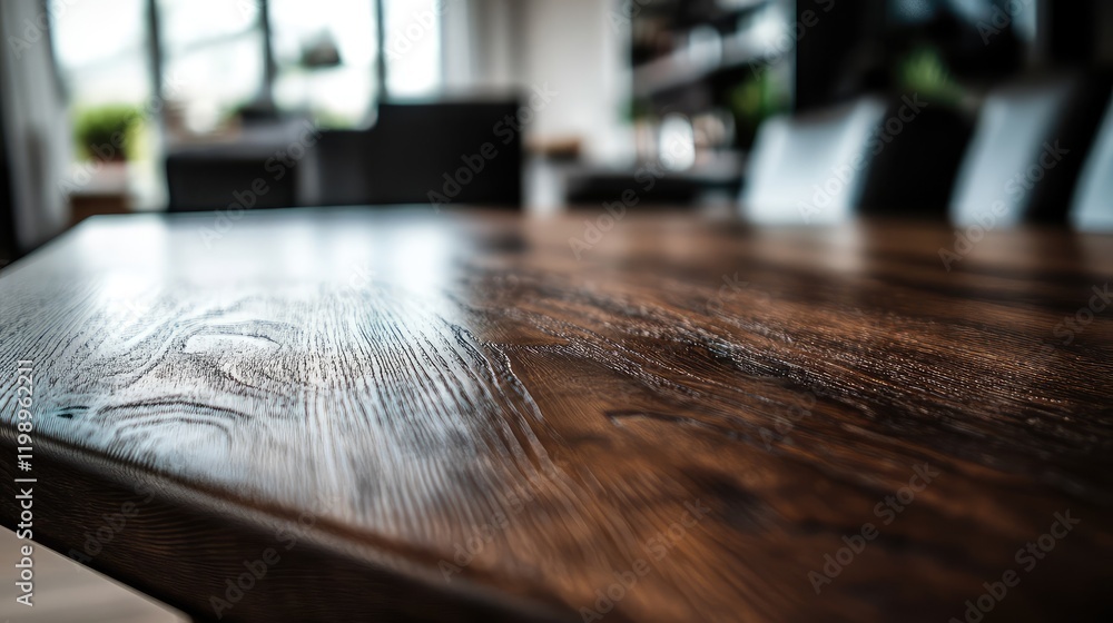 Poster close up of a dark brown wooden dining table with smooth texture and empty copy space for text in mo