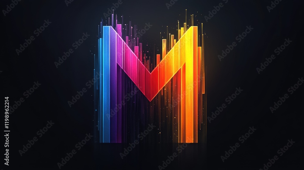 Poster colorful abstract gradient letter m logo design with vertical line elements on dark background suita
