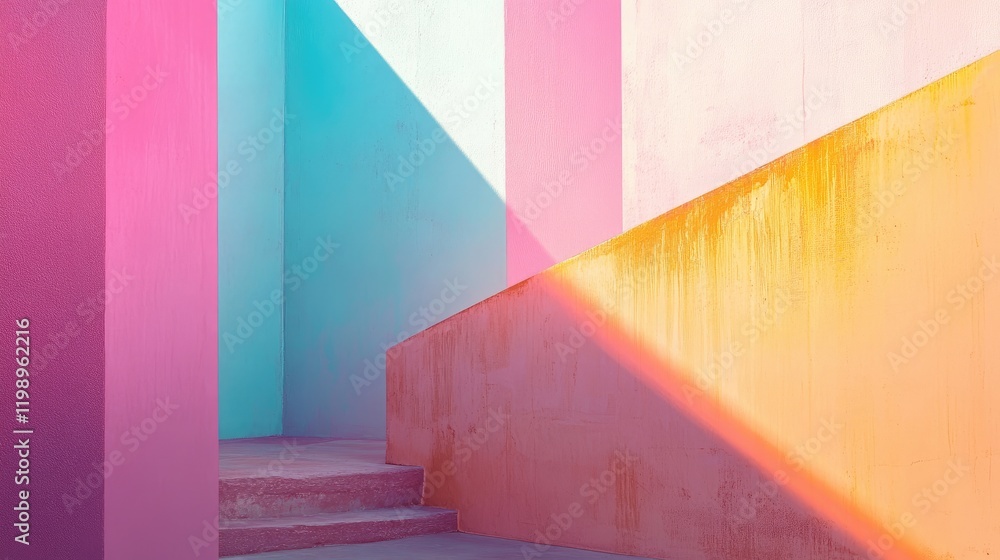 Poster vibrant pastel colored geometric wall structure with stairs and contrasting light and shadows creati