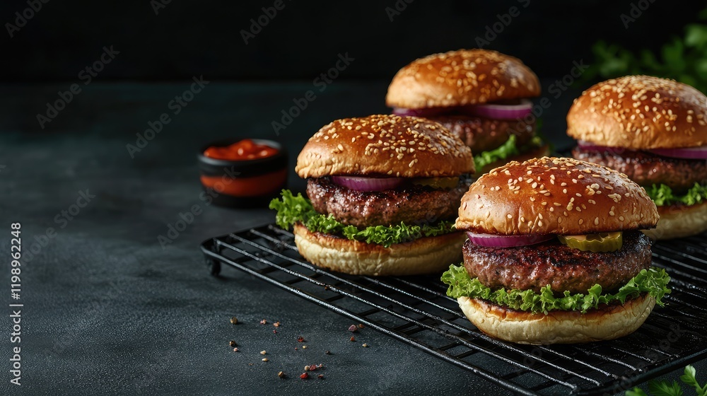 Poster Close up shot of sesame seed topped burgers on a black grilling rack with fresh lettuce and onions placed on a dark background with copy space for text
