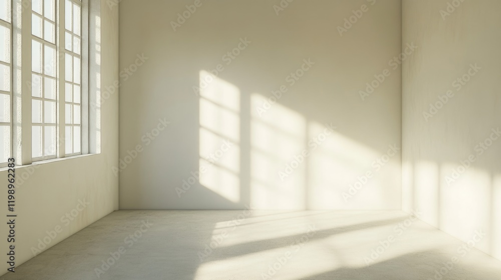 Poster empty interior room with large windows casting shadows on light gray walls and floor, ample copy spa