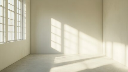 Empty interior room with large windows casting shadows on light gray walls and floor, ample copy space for text placement