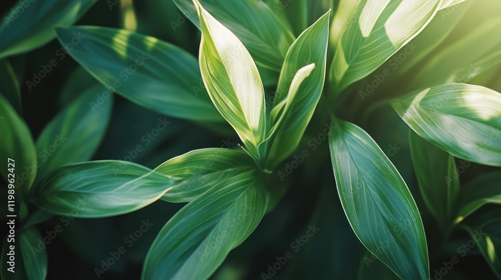 Poster Close-up of vibrant green leaves illuminated by natural sunlight with soft focus background and ample empty space for text placement.