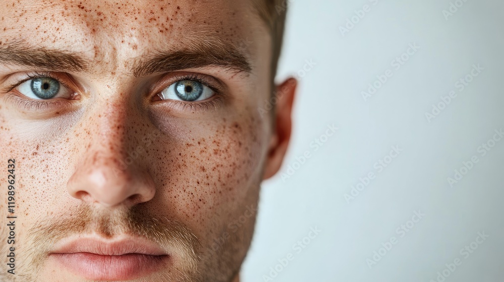 Poster close up portrait of young man with blue eyes and freckles on light background with clear space for 
