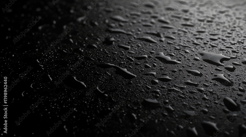 Aufkleber Realistic close-up of shimmering water droplets on a smooth dark surface with ample empty space for text and design elements, ideal for background use.