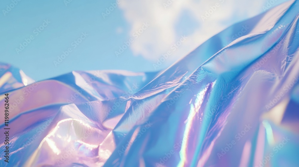 Poster iridescent foil texture with blue sky and clouds in background showcasing reflective surfaces and vi