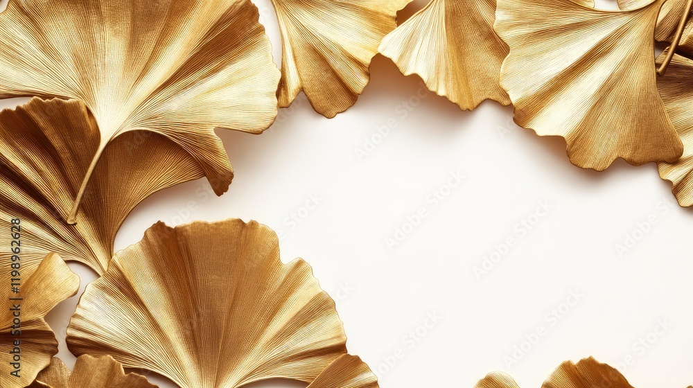 Poster Elegant Golden Ginkgo Tree Leaves Arranged on Light Beige Background with Ample Copy Space for Text in a Minimalist Design Setting