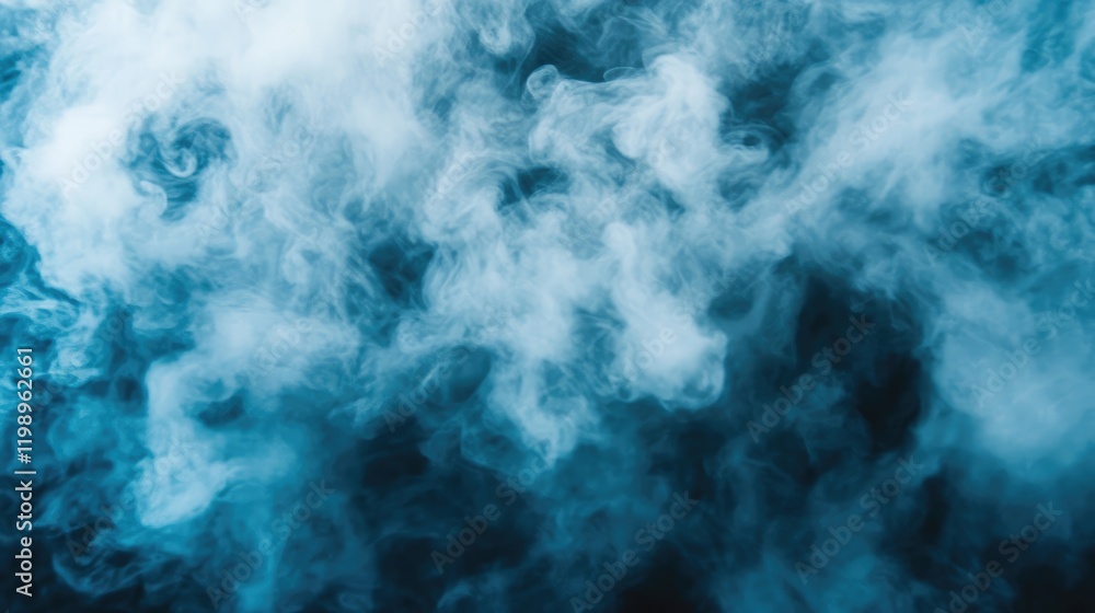 Poster close up of ethereal blue mist on dark background with ample space for text in creative design and m