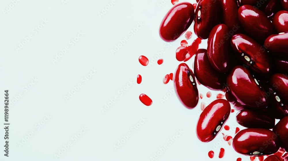 Poster close up view of vibrant red kidney beans scattered on a light pastel background with ample empty sp